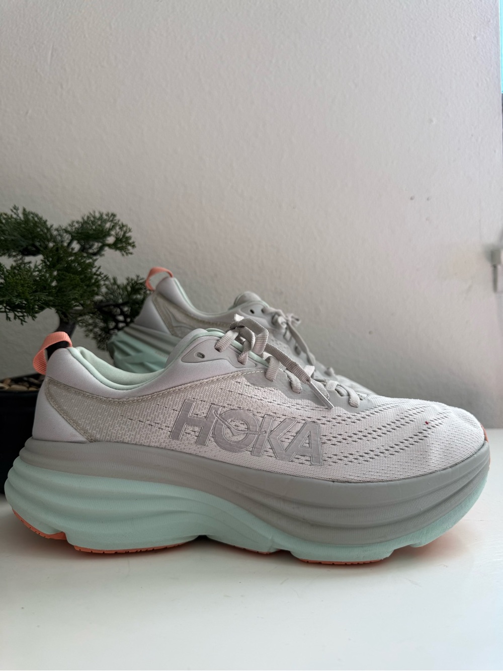 Hoka Bondi 8 Women size 10 White Mint and Coral Accent Athletic Shoes